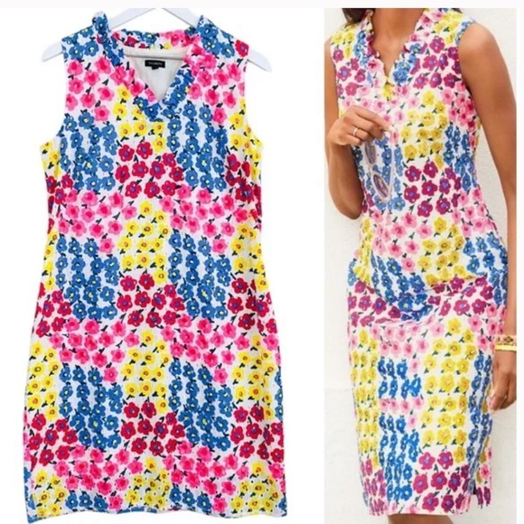 Talbots Women’s Neon Bright Colored Floral Eyelet Cotton Ruffle Sleeveless Dress - Picture 1 of 9